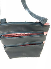 Load image into Gallery viewer, Triple Zip Cross body bag Gray marine vinyl with pink print accent 1