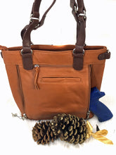 Load image into Gallery viewer, Classic quilt look saddle tan leather concealed carry tote bag 5
