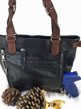 Load image into Gallery viewer, Classic quilt look saddle tan leather concealed carry tote bag Black 3