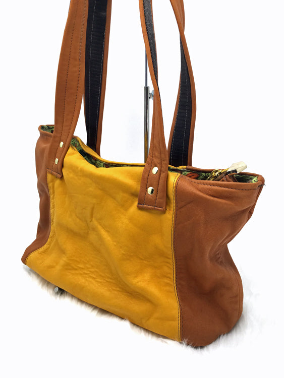 tote handbag in 2-toned Goatskin Leather, saddle tan and butterscotch The Sara 1