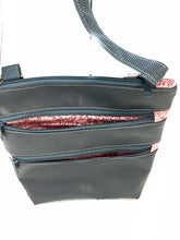 Load image into Gallery viewer, Triple Zip Cross body bag Gray marine vinyl with pink print accent 1
