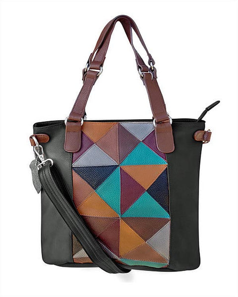 Classic quilt look saddle tan leather concealed carry tote bag Black 1