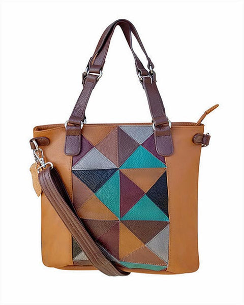 Classic quilt look saddle tan leather concealed carry tote bag 1